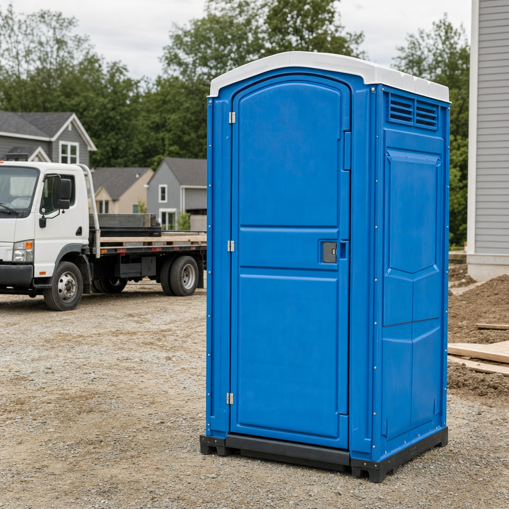 Delivery driver positioning a clean royal-blue portable toilet on level ground at a Saint Louis worksite