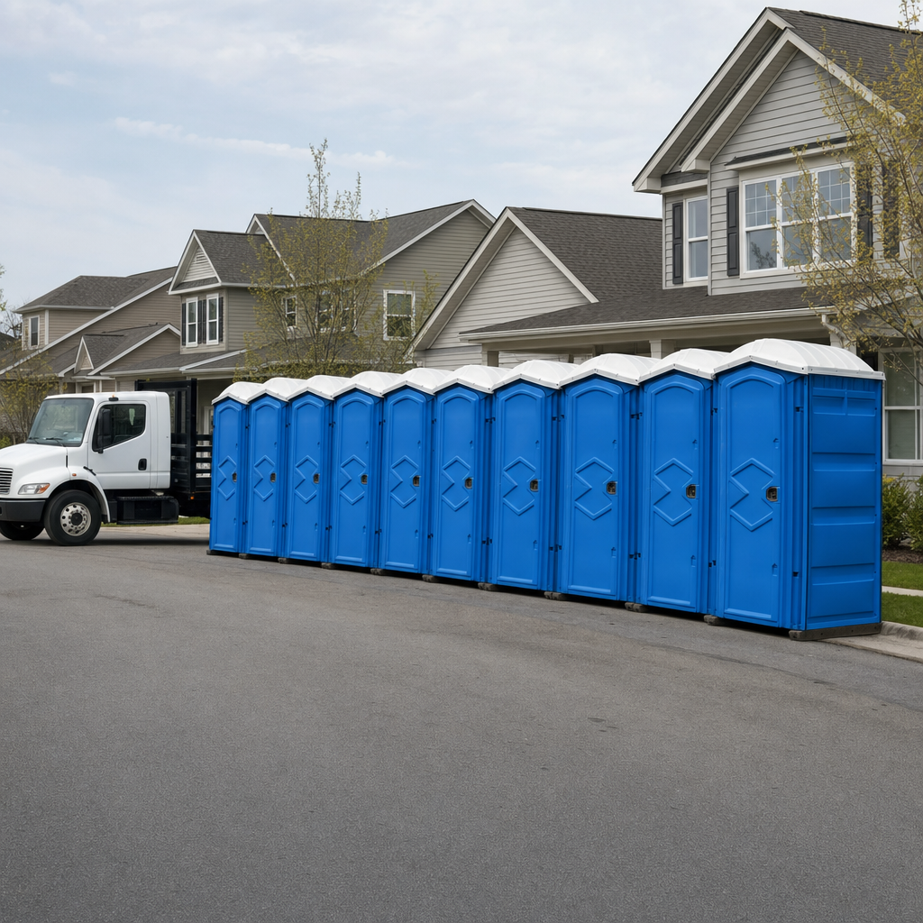 Royal blue portable toilets staged in a tidy row at a Saint Louis jobsite, ready for delivery